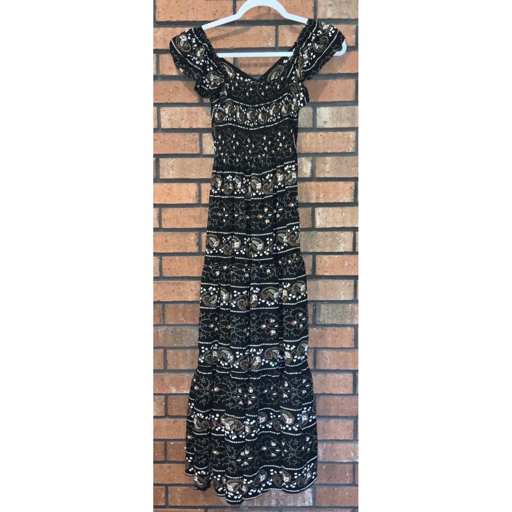 Boho Paisley Floral Tiered Maxi Dress Black V-Neck Smocked Back Flutter Sleeve S - Picture 4 of 4
